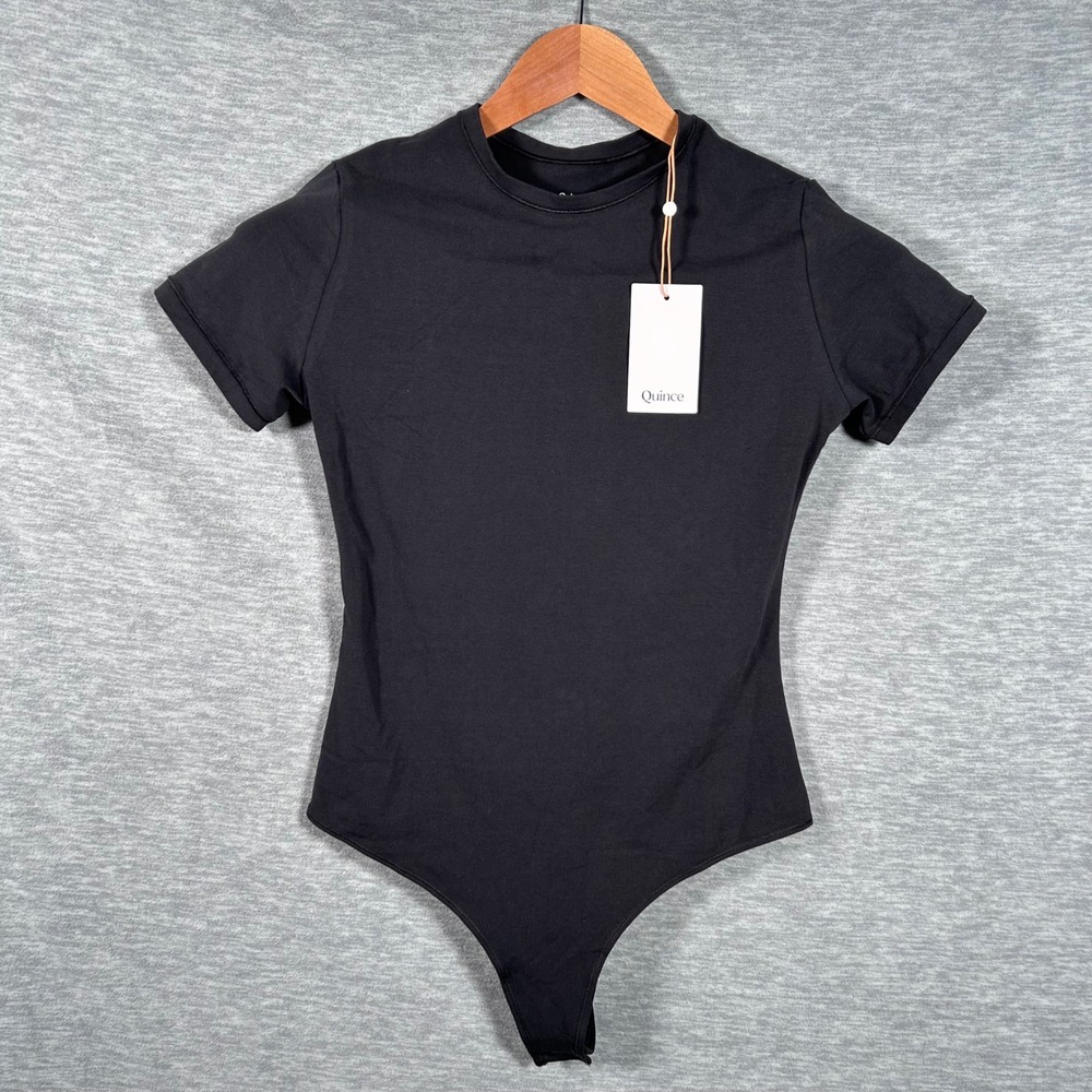Quince Organic Cotton Crew Neck Bodysuit Womens Medium Black NWT